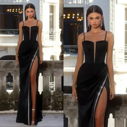 Atemberaubendes schwarzes Meerjungfrau-Abschlussballkleid, Spaghetti-Pailletten, seitlich, formelle Abendkleider, elegante, oberschenkelgeschlitzte Kleider für besondere Anlässe, bodenlange Party-Robe de Soiree