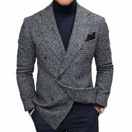 spring Autumn Elegant Men's Jackets Knit Casual Busin Men Blazer Slim Fit Fi Versatile Checkered Lg Sleeves Suit Coat R9AT#