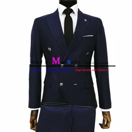 Двубортные мужские костюмы Темно-синий Формальные свадебные костюмы для мужчин Slim Fit Жених Смокинги для выпускного вечера Костюм Homme Mariage e1hN #