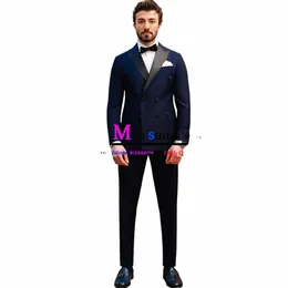 2023 Nowe ślub Dr granatowe garnitury dla mężczyzn podwójnie piersi Blazer Custom Made Groom Prom 2 -częściowy zestaw Slim Fit Men Suit E0II#