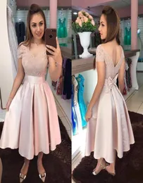 2021 Rose Gold Homecoming Dresses Tea Length Lace V Neck Back Short Sleeves Satin Custom Made Bow Formal Prom Party Ball Gown9420818