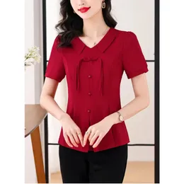 Womens Summer Korean Version Solid Color Peter Pan Collar Button Versatile Appear Thin Fashion Short Sleeve Shirt Tops 240326