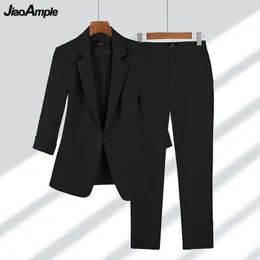 Mulheres blazer calças 2 peça conjunto primavera verão fino senhora do escritório básico coringa preto terno casaco calças roupas de trabalho feminino 240327