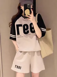 Summer outfit TShirt Suit Womens Fashion Casual Loose ONeck ShortSleeved TopsWide Leg Shorts Two Piece Set For Women 240327