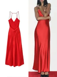 Trafza Womens Spaghetti Straps vneck Backless Dress Red Sexy Long Satin Dreess 패션 민소매 우아한 파티 240322