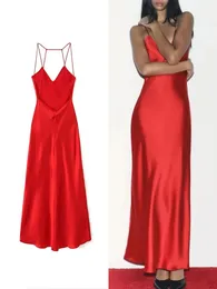 Trafza feminino alças finas decote em v sem costas vestido vermelho sexy longo cetim vestidos moda sem mangas elegante festa 240322