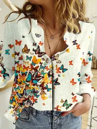 패션 레트로 나비 그룹 인쇄 긴 슬리브 블라우스 스프링 옷깃 버튼 캐주얼 여성 5XL 홈 셔츠 240321