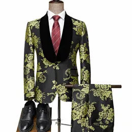 2022 Ostatnie płaszcz spodnie Slim Fit Party Wedding Suits for Men Green Yellow Jacquard Shawl Lapel Groom Tuxedos Costume E5gr#