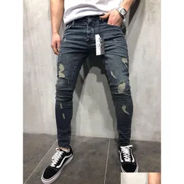 Herren Jeans Mode Straight Slim Fit Bikerhose Died Skinny Ripped Destroyed Denim Washed Hiphop Drop Delivery Bekleidung Kleidung Dhkhx