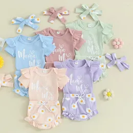 Set di abbigliamento Set di vestiti per neonata Pagliaccetto estivo a maniche corte per bambino e pantaloncini con stampa di margherite Fascia per capelli Vestito alla moda per neonati
