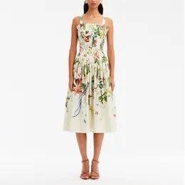 Süslü Elbise Kadın Pamuk Çiçek ve Kuş Baskı Toplanan Bel Piled Craft Slip Midi Elbise