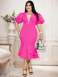 プラスサイズのドレスFuchsia Clashy Women Fishtail Party Dress Short Lantern Sleeve Deep V Neck Mesh SheathRuffles Gowns Birthday Cocktail