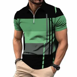 Erkek Zip Polo Gömlek 3D Stripe Baskı Fi Giyim Yaz Busin Sıradan T-Shirt Erkek Polo Gömlek Zip Kısa Kol Sokağı Top N8AW#