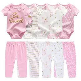 Kiddiezoom 10 PcsLot Four Seasons Fashion Unisex Baby Boy Girl Clothing Set Soft born BodysuitsPants Infant Outfit Gift 240314