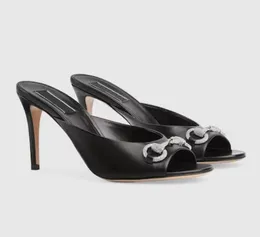 2024S Desginer Lady Mid-Heel Sandals Horsbit Kitten Heels Slide Sandal Crystal-Embellied SatinMules Heels Leather High Heel