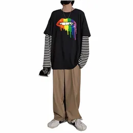 Grafik T-Shirts LG Kollu İlkbahar ve Sonbahar Erkekler Sahte İki Giysisi Çizgi T-Shirt Kollu Animati Giyim Erkekler Giyim E8kh#