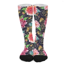 여자 양말 바로크 스타일 Dahlia Flowers Print Stockings Unisex Soft Broknible Running Sports Autumn Pattern Non Slip