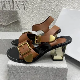 Toe Summer Round 556 Sandals Chunky Heel Women Buckle Strap Genuine Leather Fashion High Heels Elegant Party Shoes 2024 S 5 s