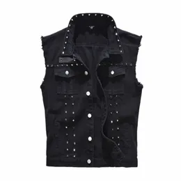 new 2022 Denim Vest Men Punk Rock Rivet Cowboy Black Jeans Waistcoat Fi Men Motorcycle Style Sleevel Jeans Jacket M-6XL V7i5#