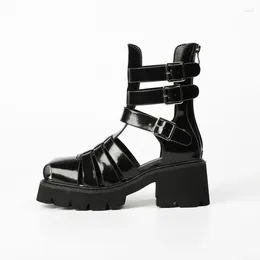 Модельные туфли, женские летние 2024, квадратные вязаные дышащие высокие сапоги на толстой подошве, римские сандалии-гладиаторы с открытыми отверстиями