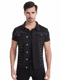 idopy fi mens rivet denim vest punk party studded slim fit jean jacket male leavel waistcoat for men flus size w0op＃