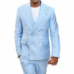 Esmoquin de novio azul claro de doble botadura para hombre、chaqueta de moda masculina c pantales、trajes padrino boda、solapa pico、2 U16e＃
