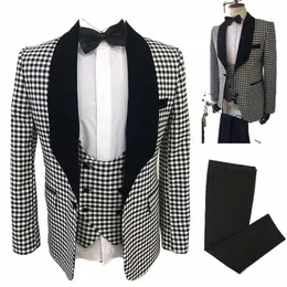 Ny Houndstooth Men's Suit 3 stycken Blazer Jacka Vest Pants Custom Made One Butta Busin Wear Wedding Groom Costume Homme V7X9#
