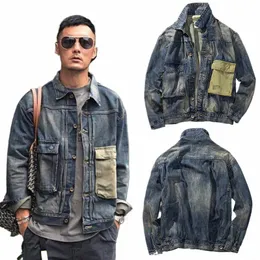 American Retro Old Denim Jacket Men's Spring Short Silm Tooling Casual Wed Jacket Patchwork Cargo Straight Jeans Coats Blue S3ey#