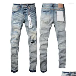 Mens Jeans Luxo Marca Roxo Homem Preto High Street Pintura Iti Padrão Danificado Rasgado Calças Skinny Calças Denim Calças Drop Delivery Appare Dh5WV