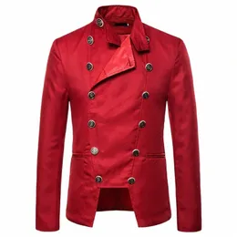 Blazer de Traje Rojo de Doble Botadura Para Hombre ، Chaqueta de Marca Ajustada C Cuello Levantado ، Blazer Ncios Para Fiesta ، 2022 59K7#