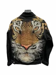 Fi Tiger Beaded Denim Jacket Men's 2023 Autumn New EuropeanGoods Lapel Special Jacket Streetwear Persality Jean Coats R0RV＃