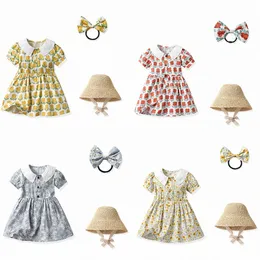 Girls Dresses Summer Kids Fragmented Flower Dress Girl Baby Flip Collar Bubble Skirts Short Sleeve Sun Shade Hat Princess Dress Free Headrope size 70- c5So#