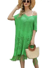 Vestido de praia verão feminino cor sólida franja escavada camisola de malha solta tamanho grande