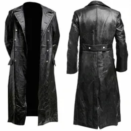 Herren DEUTSCHER KLASSISCHER WW2 MILITÄR UNIFORM OFFIZIER SCHWARZES LEDER TRENCHCOAT a9w2#