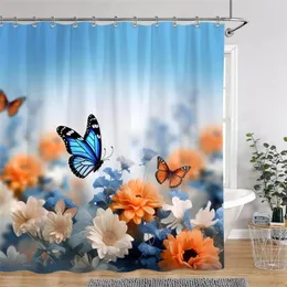 Cortinas de chuveiro azul borboleta romântico roxo floral aquarela arte conjunto cortina de banho tecido banheiro banheira decoração com ganchos