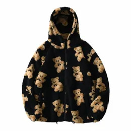 gonthwid Fleece Hooded Jackets Streetwear Casual Harajuku Hip Hop Men Women Fi Bear Print Full Zip Hooded Coat Tops Outwear P5jY#