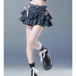 스커트 Deeptwon Korean Sweet Denim Mini Skirt 여성 Ruffle Kawaii Bow Coquette Vintage Summer Cutecore Black A-Line Short