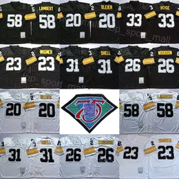 1967 1975 1994 Retro Futebol 58 Jack Lambert Jerseys 75º 31 Donnie Shell 26 Rod Woodson 23 Mike Wagner 33 Merril Hoge 20 Rocky Bleier Vintage Preto Branco Equipe Homem