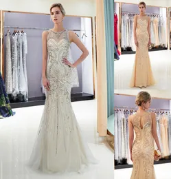 Altın Gri Lüks Boncuklu Prom Elbiseler Denizkızı Kat Uzunluğu Tül Sequins Kristal Tasarımcı Formal Akşam Giyim 100 Gerçek Görüntü Dress9259710