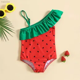 Jednoczęściowe 2024 Summer Toddler Girls Ruffles One Piece Swimodear Cartoon Watermelon Prints Beach Onesie Swimsuit Bikini Szyborki 24327