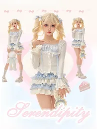 Осень 2023, Kawaii Lolita, вязаный костюм, повседневный, вечерний, укороченный топ Y2k, свитер, юбка-торт, винтажные комплекты платьев из 2 предметов 240323