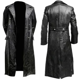 Herren DEUTSCHER KLASSISCHER WW2 MILITÄR UNIFORM OFFIZIER SCHWARZ LEDER TRENCHCOAT z472#