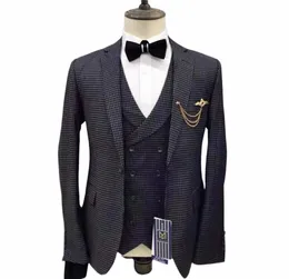 دعاوى الصوف للرجال الشبكة لاتس طية Tweed Tuxedos Slim Fit Fit Leisure Winter Coat Groomsmen Suits 3 قطع السترة+سترة+سروال D5AP#