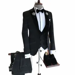 2021 Formal Black Suit Men for Busin Wear Jacket Custom Made Fi Groom Wedding Suit Tuxedo Veet Lapel Blazer Vest Pants 86E2#