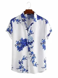 Avrupa ve Amerikalı Erkek Basılı Gömlek Güneydoğu Asya ASYA Mürekkep Boyama Erik Çiçeği Kısa Kollu Yakası Gömlek S-3XL P1BZ#
