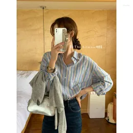 Kvinnor Bluses Lemon Green Korean Dongdaemun Autumn Vertical Striped Lazy Style Buckle Boyfriend Shirt