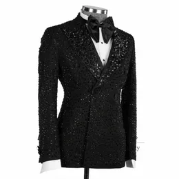 Glitter kristaller Mens Suits Double Breasted Groom Wedding Tuxedos 2 Pieces Set Brudgum Prom Blazers Fi Terno Masculino K1V6#