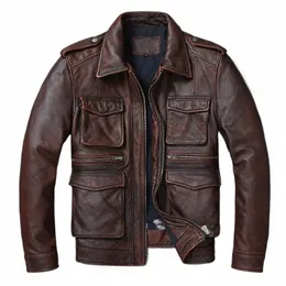 genuine Leather Men's Retro Old-Fied Motorcycle Jacket Pure Head Layer Cowhide Slim-Fit lapel Coat Casual Trend N0Ll#