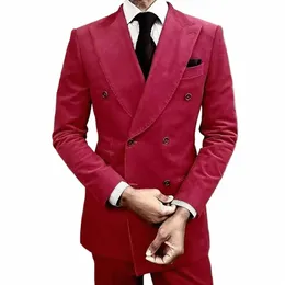 wedding Mens Suit Red Corduroy Slim Fit Blazer Sets Custom Color Plus Size With Elegant Dr Male Gentleman Costume Tuxedos 2Pc N2l8#