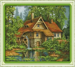 Hütte mit Wasser-LKW-Landschaft, Heimdekoration, Gemälde, handgefertigte Kreuzstich-Stickerei, Handarbeitssets, gezählter Druck auf Leinwand, DMC 19752740